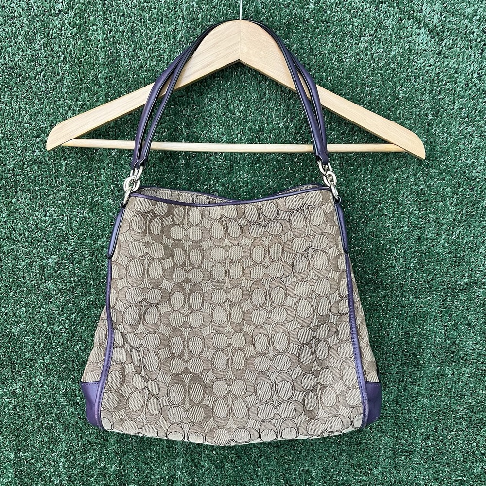 Coach Phoebe Khaki Aubergine Purple Jacquard Signature Monogram Shoulder Bag